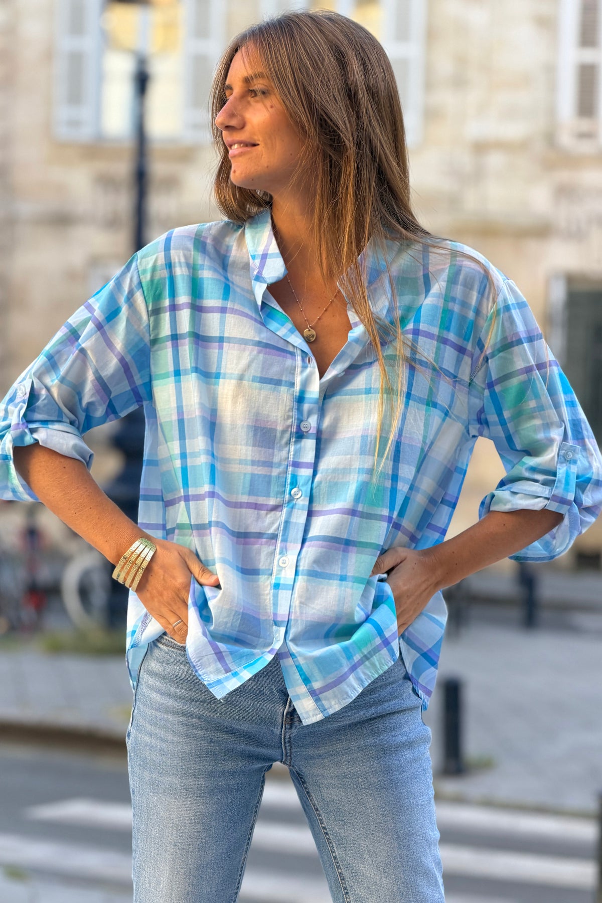 Blue Plaid Button-Down Blouse
