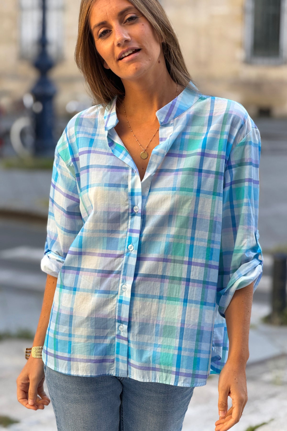 Blue Plaid Button-Down Blouse
