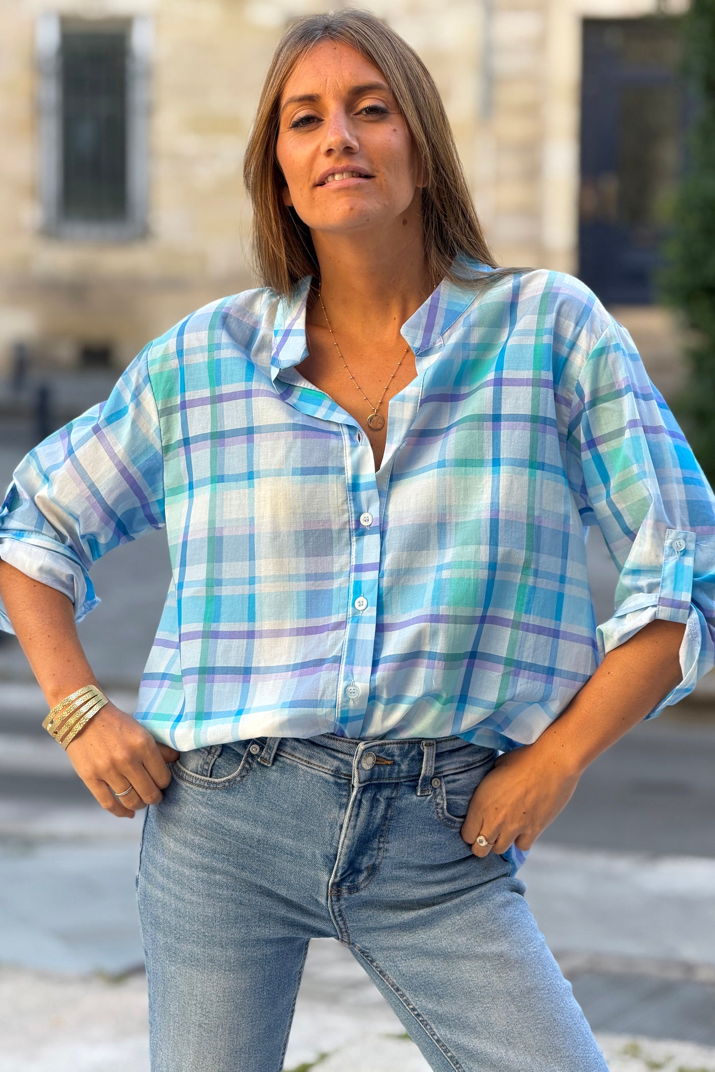 Blue Plaid Button-Down Blouse
