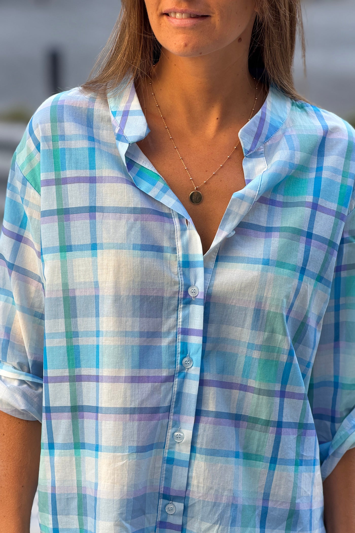 Blue Plaid Button-Down Blouse
