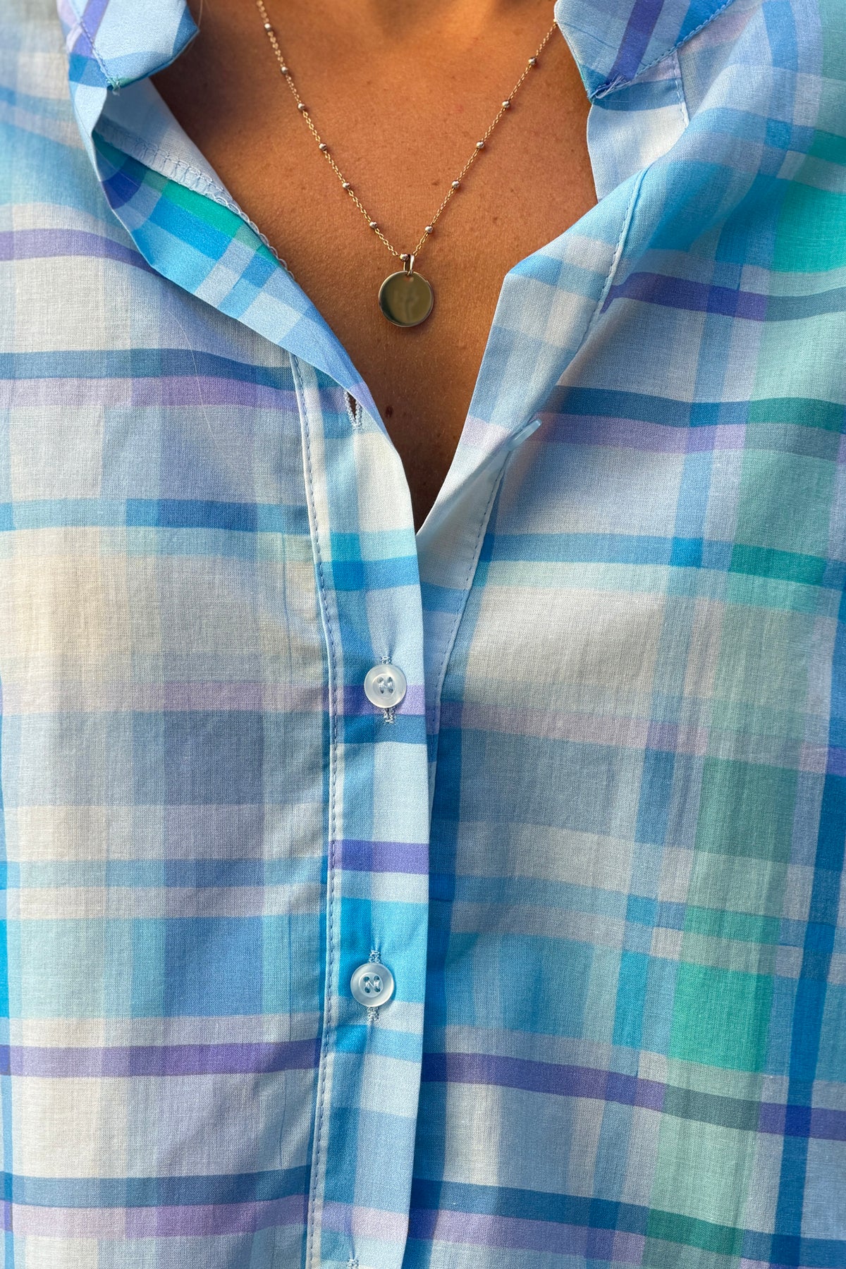Blue Plaid Button-Down Blouse
