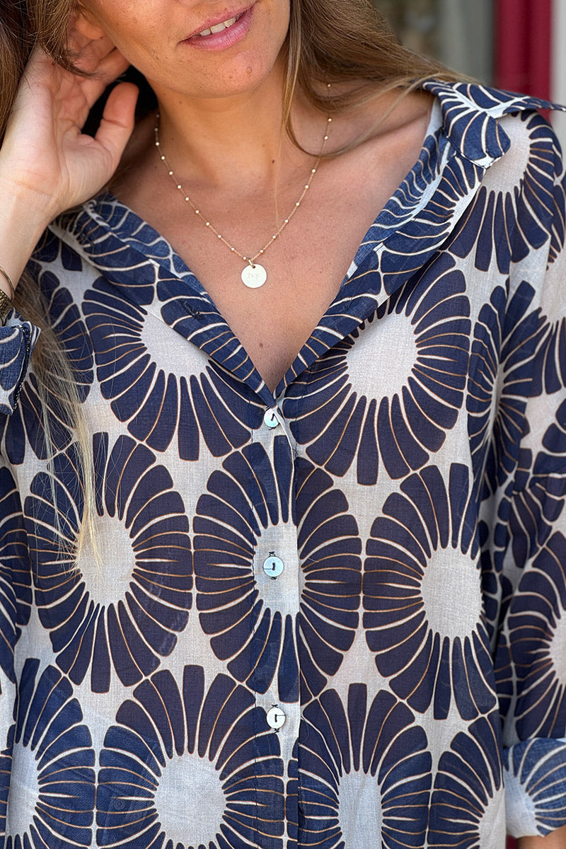 Navy Blue Fall Floral Button-Down Blouse 