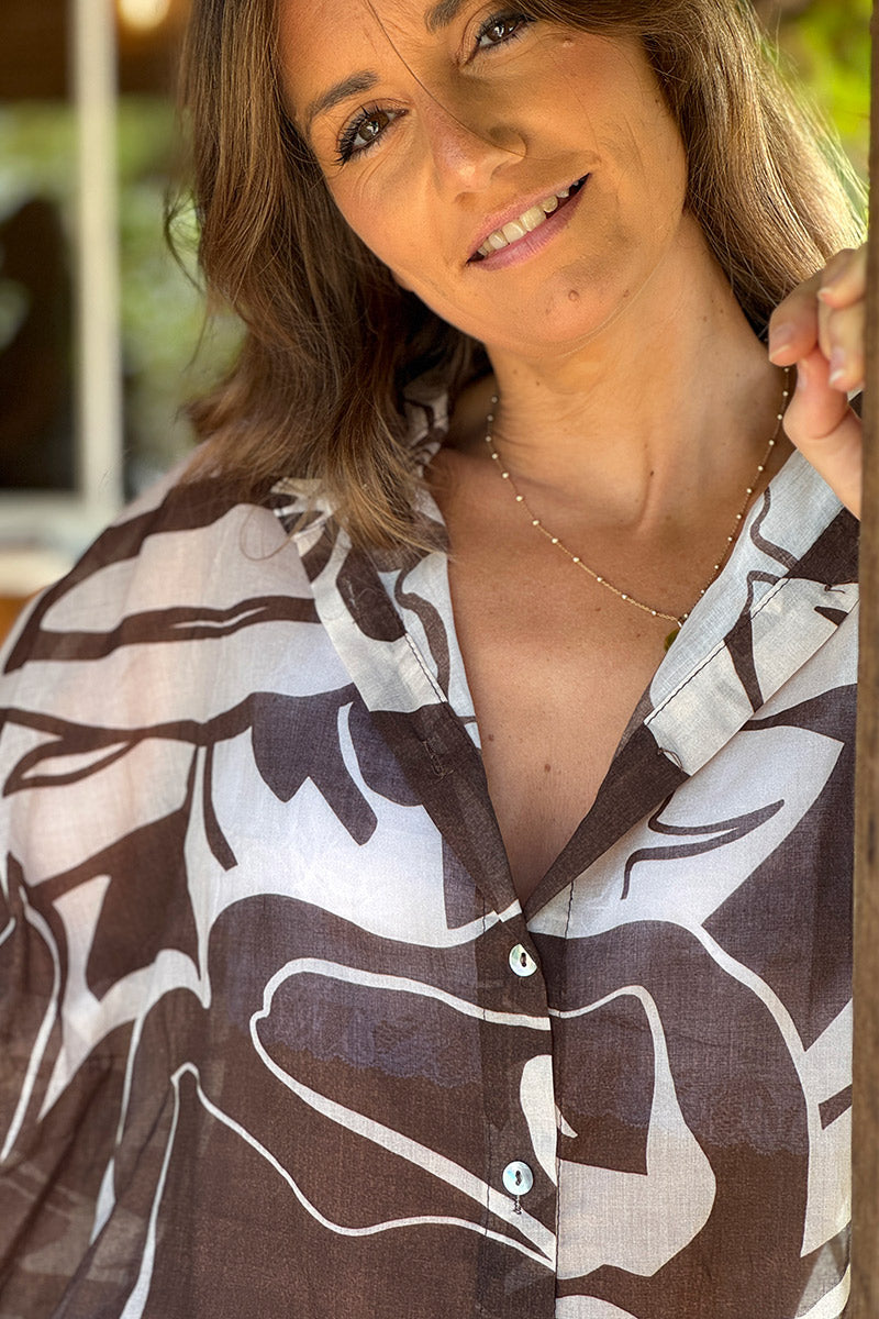Brown Tropical Flower Button-Down Blouse