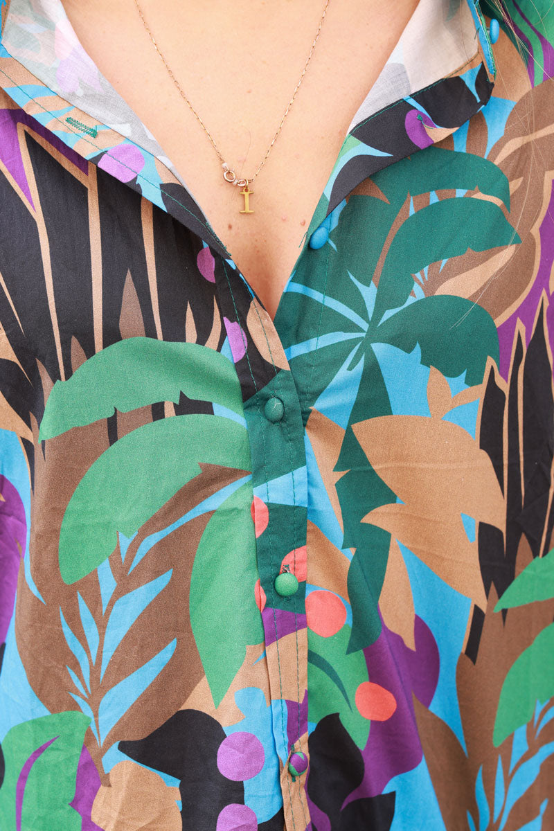 Tropical Neon Print Button-Down Shirt