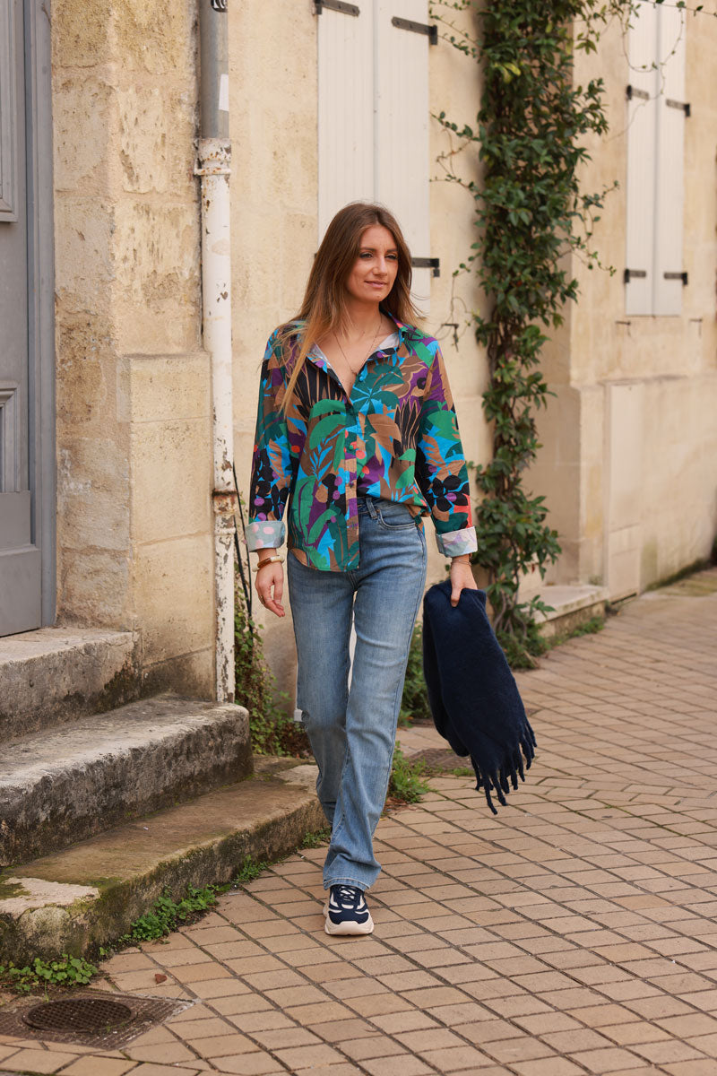 Tropical Neon Print Button-Down Shirt