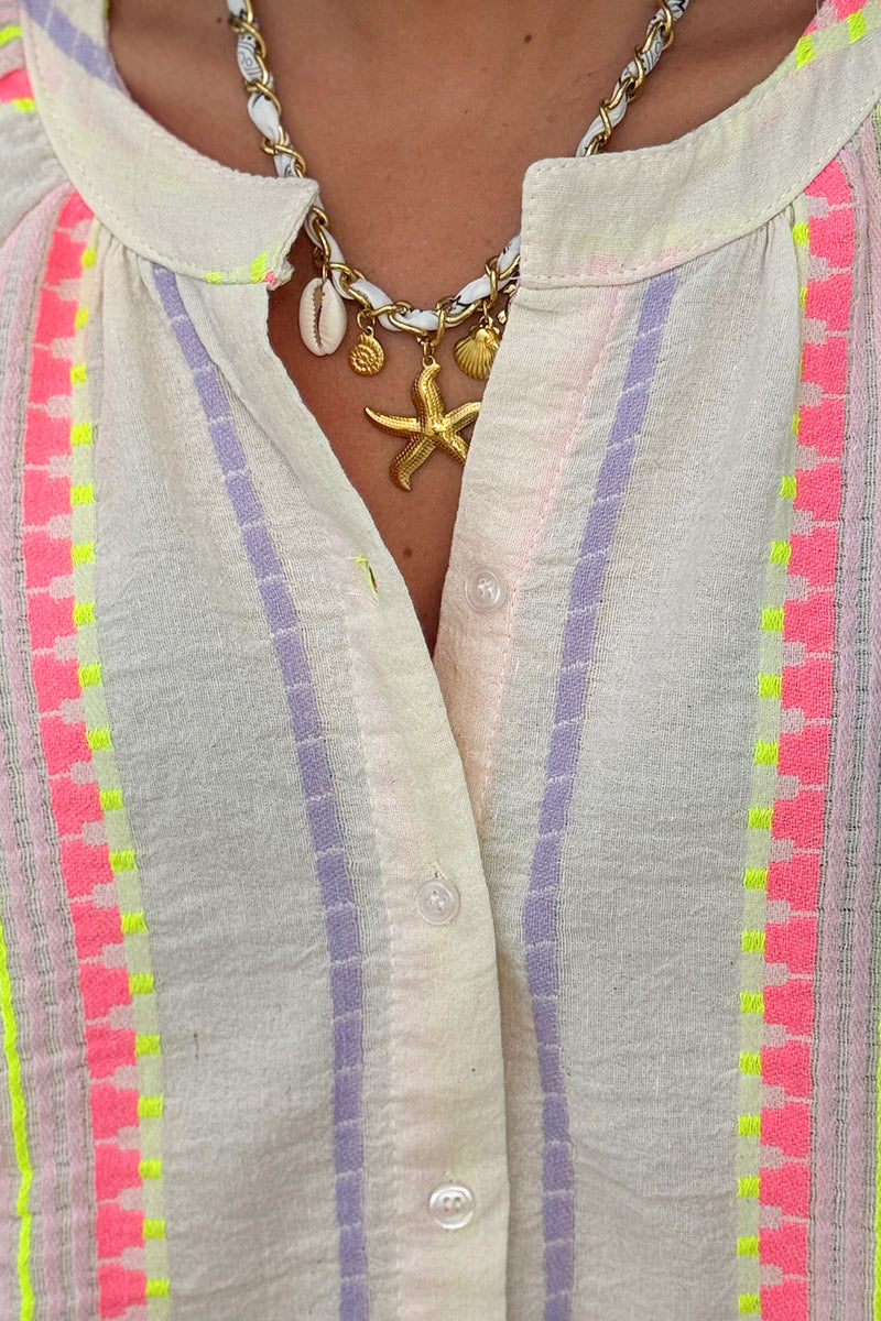 Chemise en coton broderie ethnique fluo effet piqué