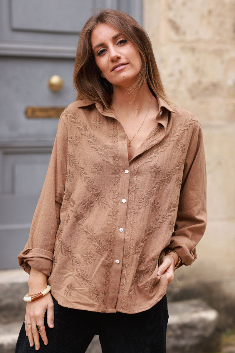 Chemise en coton camel broderie fleurs