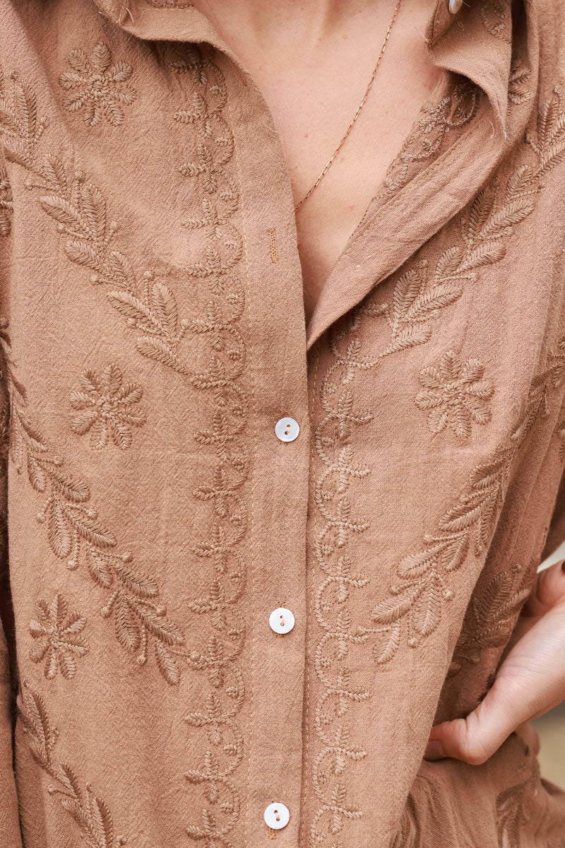 Camel Regal Embroidery Button-Down Gauze Blouse