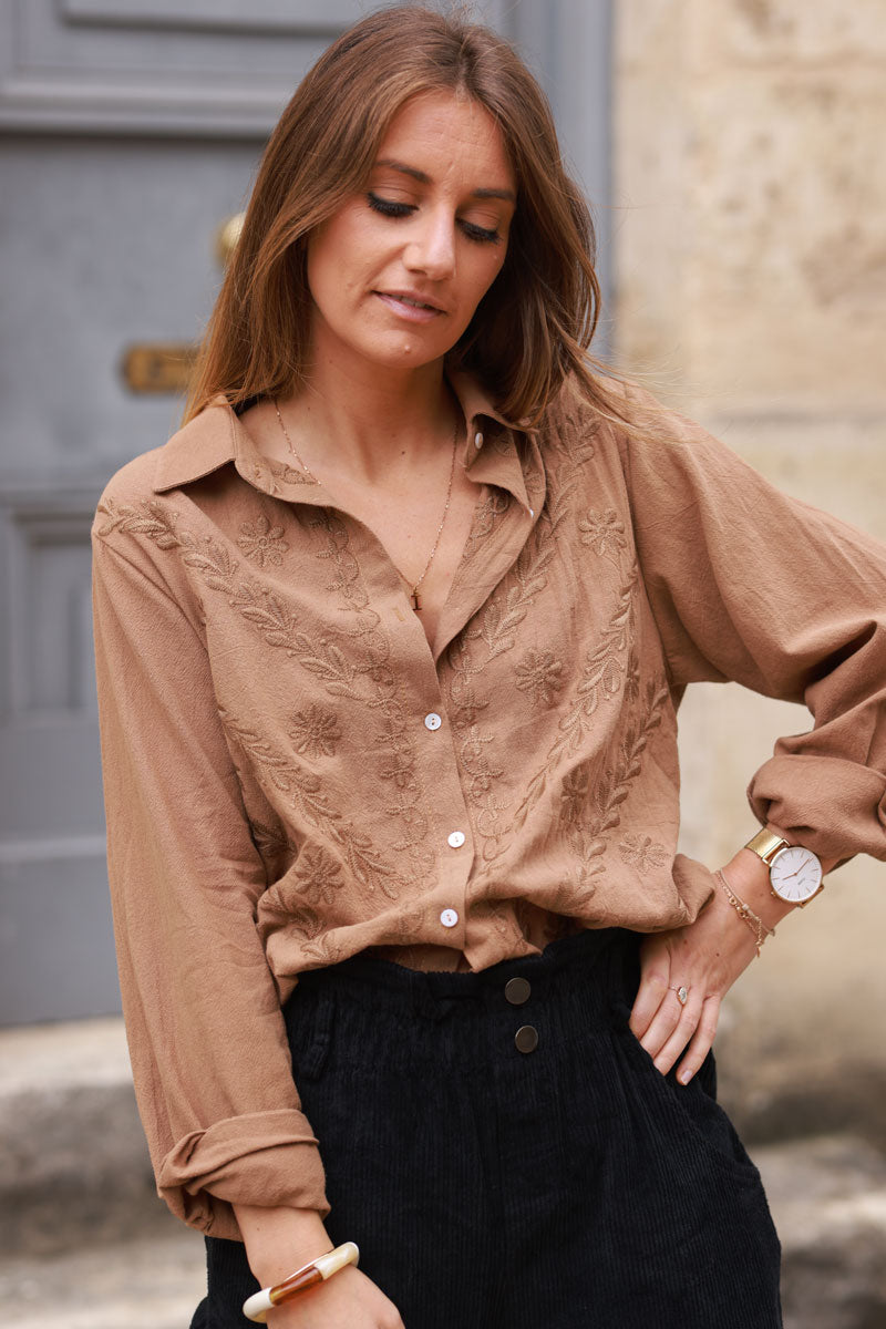 Camel Regal Embroidery Button-Down Gauze Blouse