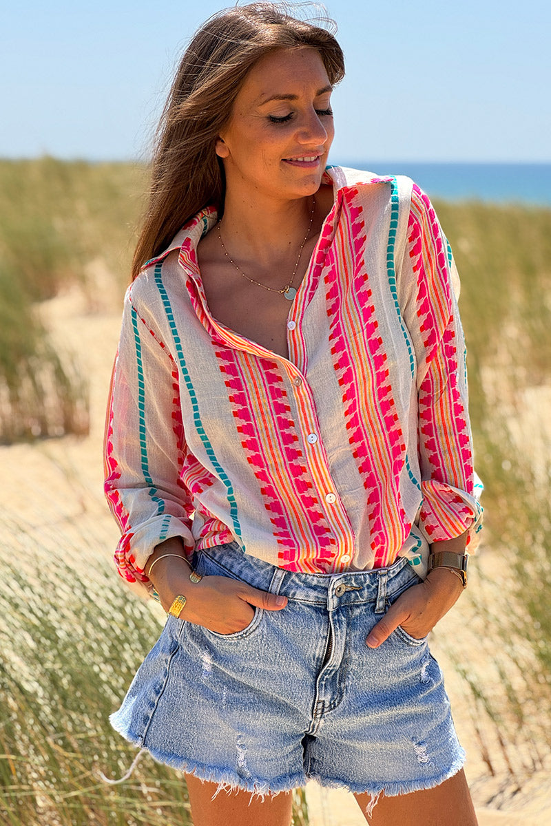 Chemise en coton effet piqué broderie ethnique colorée