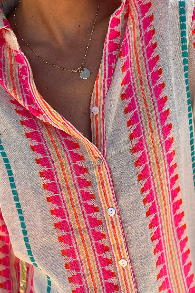 Chemise en coton effet piqué broderie ethnique colorée
