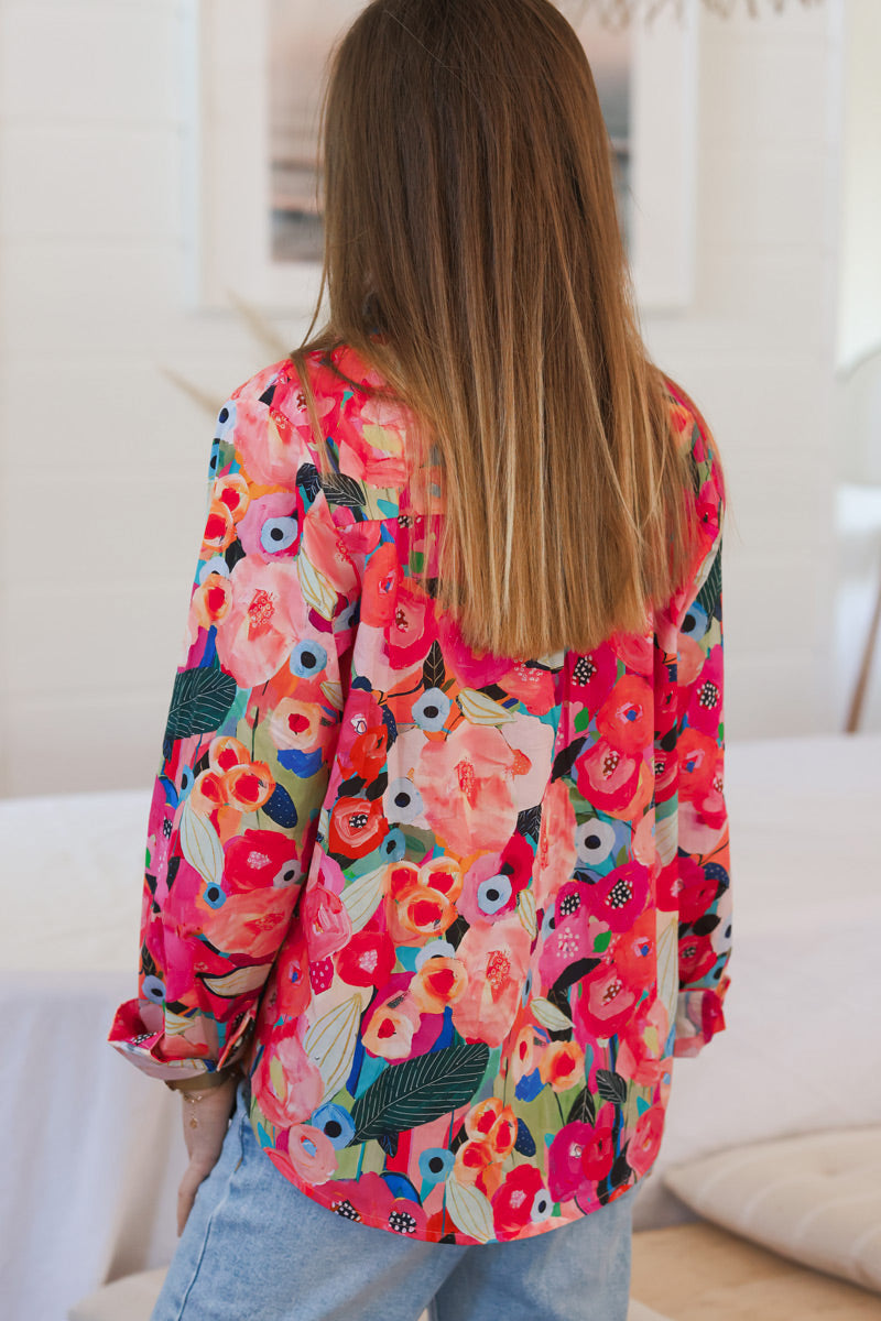 Chemise en coton imprimé peinture fleurs coquelicots fuchsia et corail