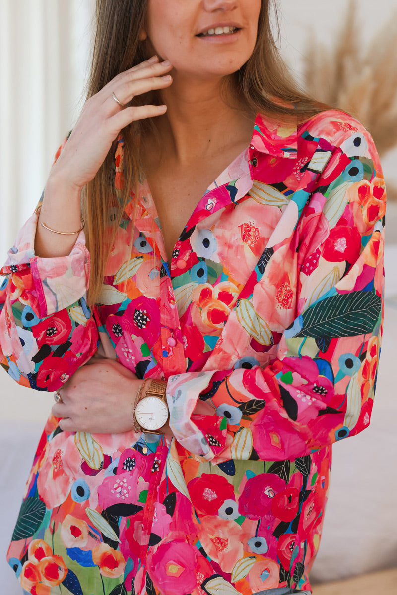 Camisa de algodón estampada con pintura de flores amapolas fucsias y corales