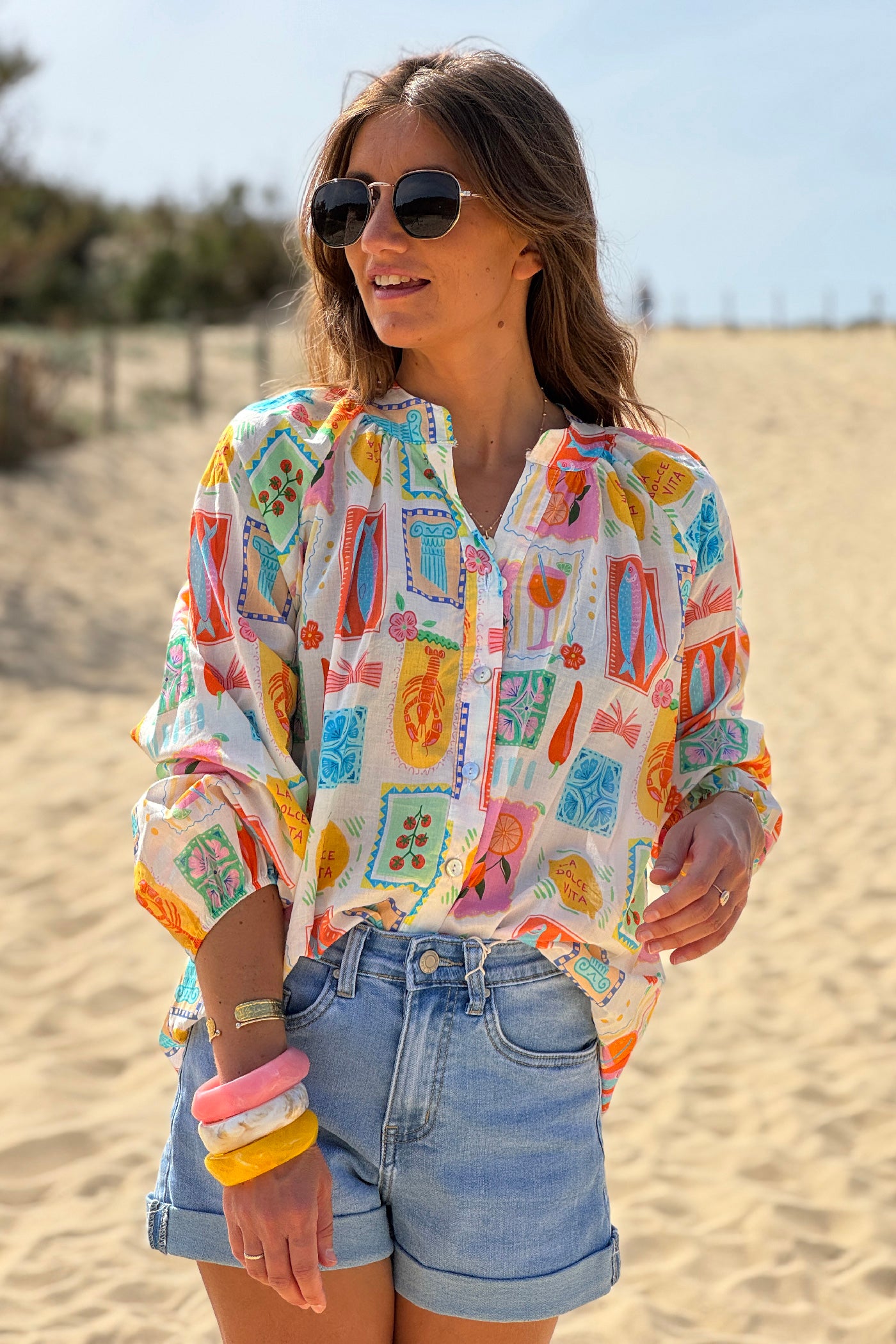 Chemise en coton imprimé petits dessins Italie Dolce Vita colorés