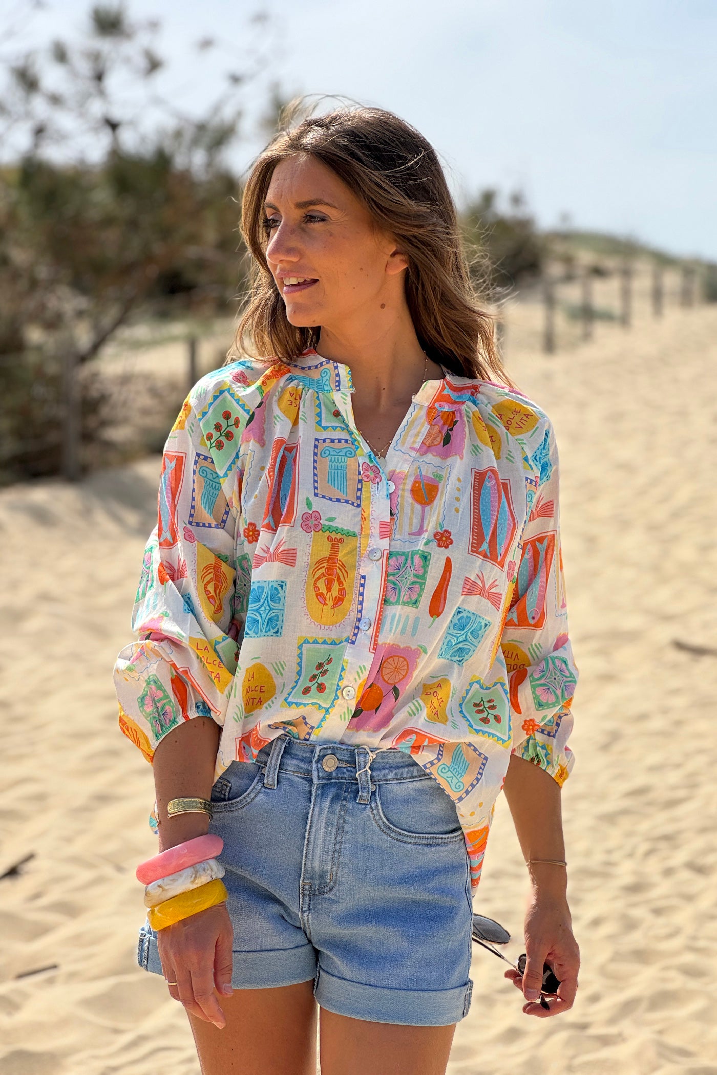 Chemise en coton imprimé petits dessins Italie Dolce Vita colorés