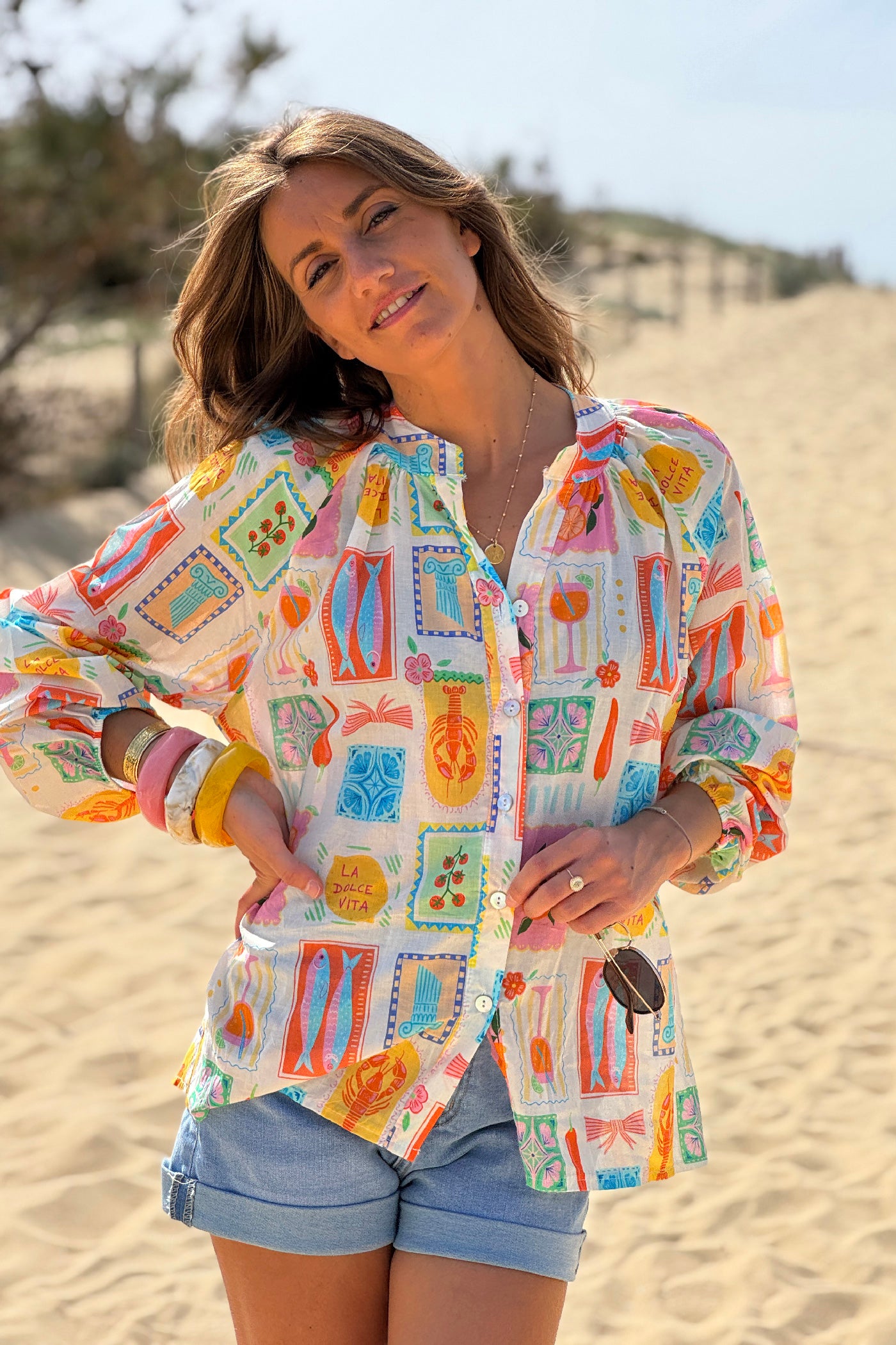 Chemise en coton imprimé petits dessins Italie Dolce Vita colorés