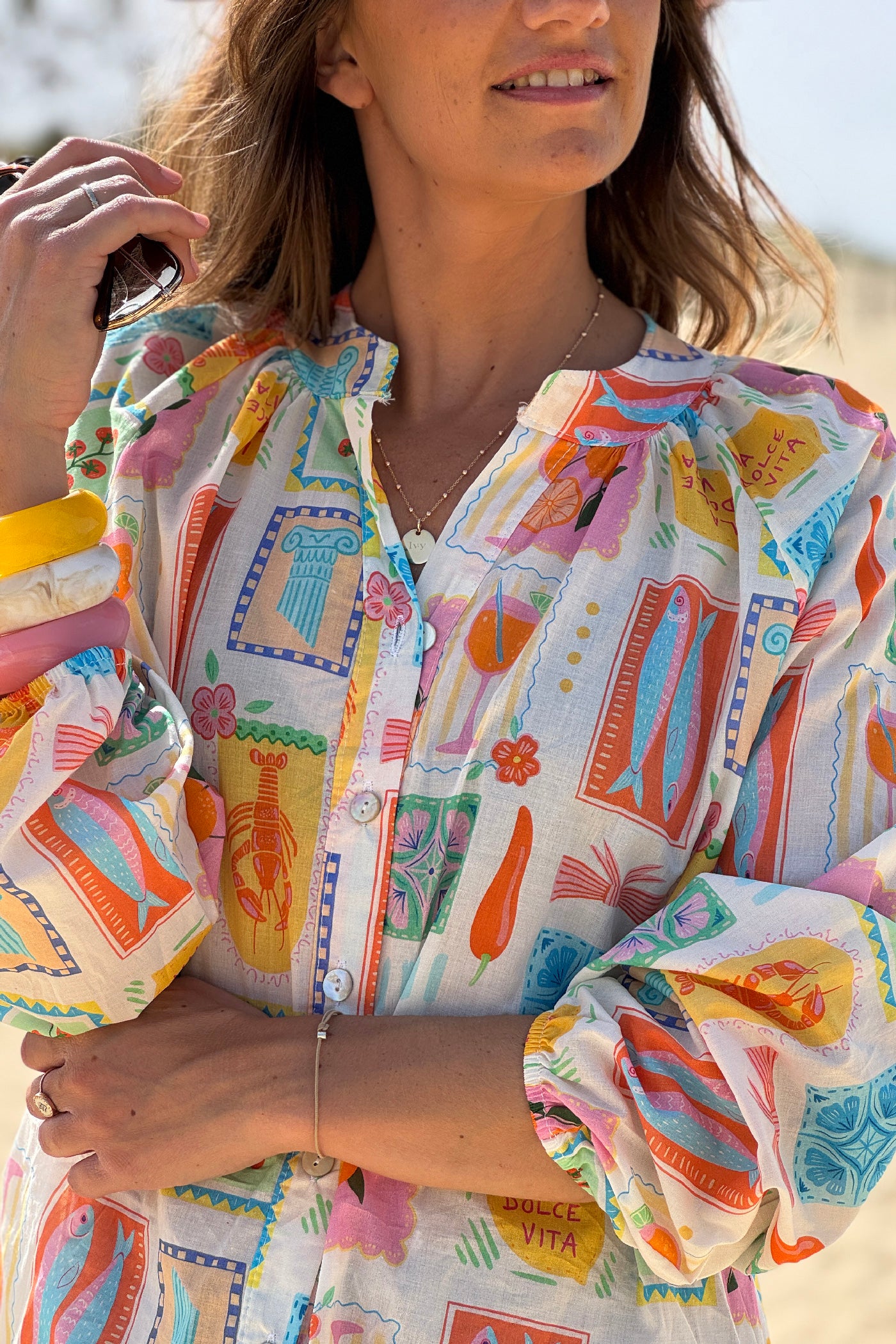 Chemise en coton imprimé petits dessins Italie Dolce Vita colorés