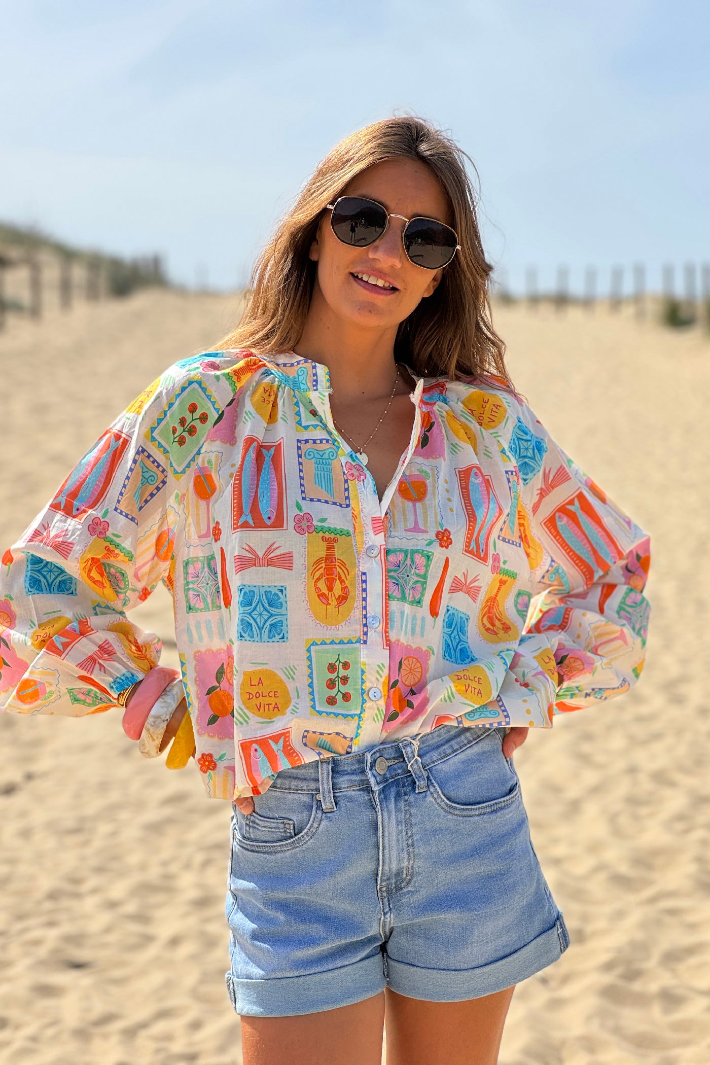 Chemise en coton imprimé petits dessins Italie Dolce Vita colorés