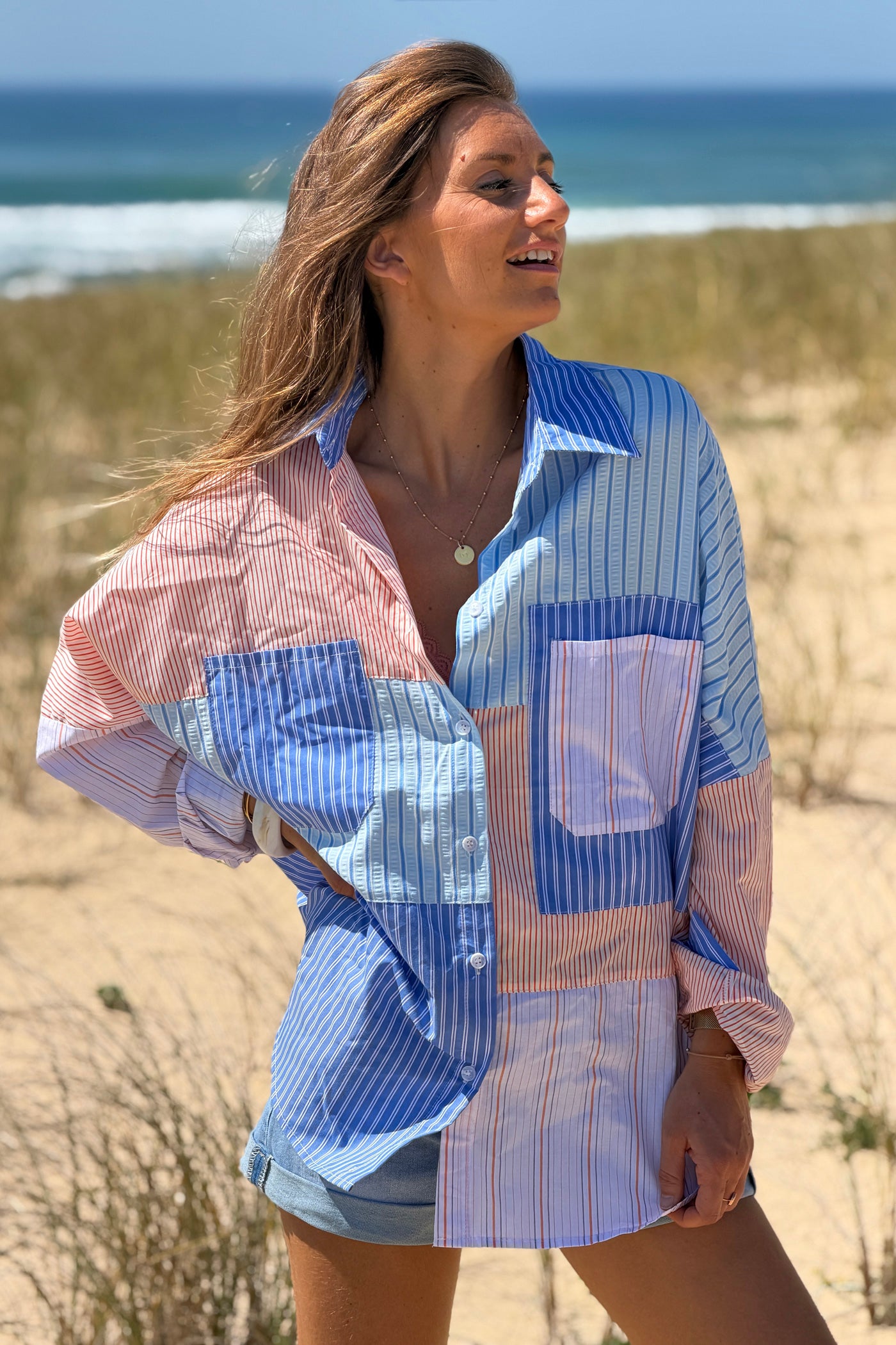 Chemise en coton imprimé rayures diverses bleues et orange
