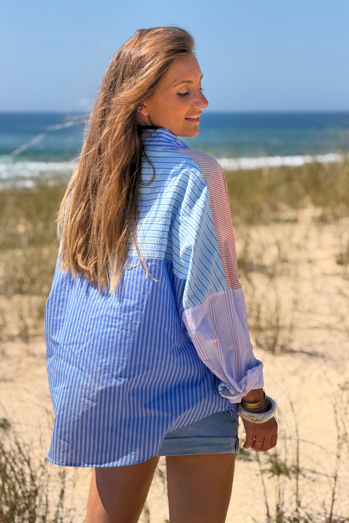 Chemise en coton imprimé rayures diverses bleues et orange