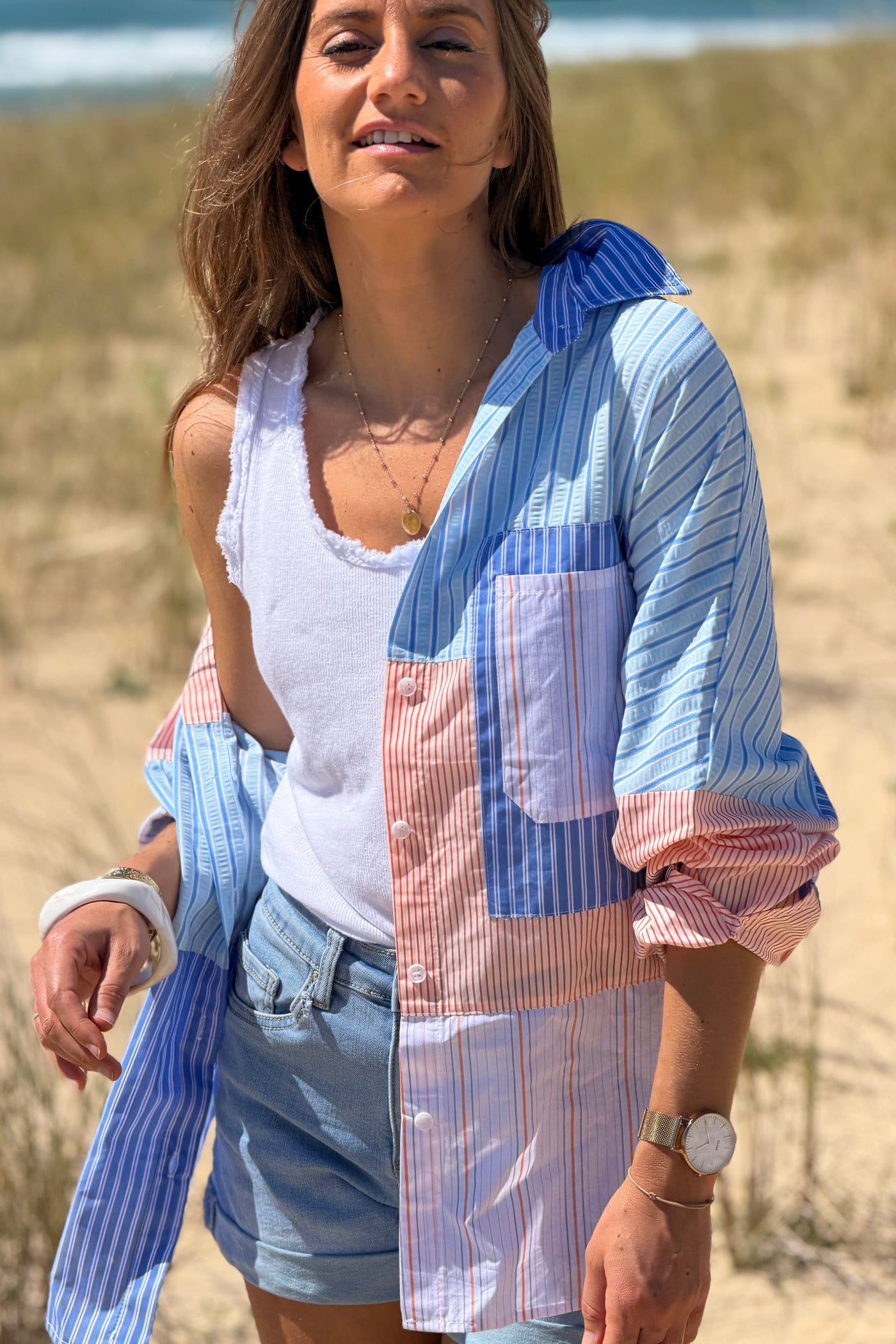 Chemise en coton imprimé rayures diverses bleues et orange