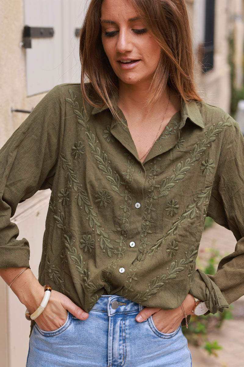 Khaki Regal Embroidery Button-Down Gauze Blouse