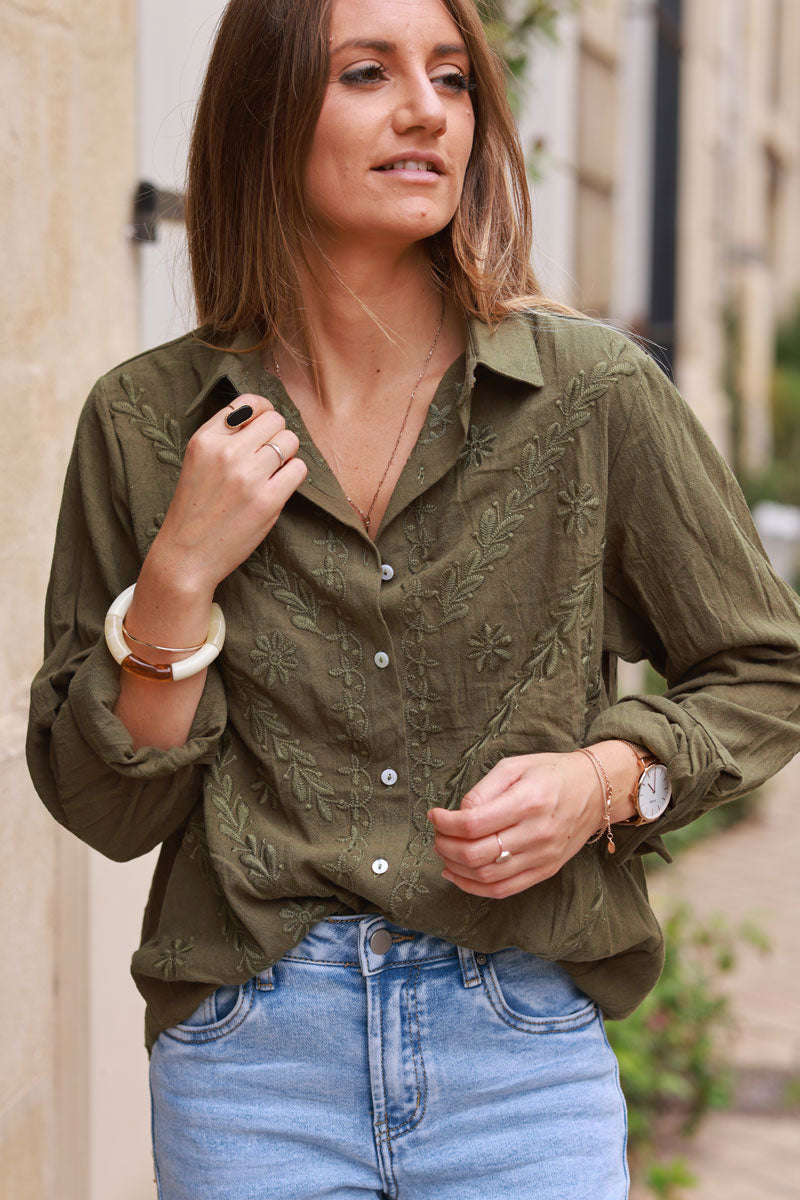 Khaki Regal Embroidery Button-Down Gauze Blouse