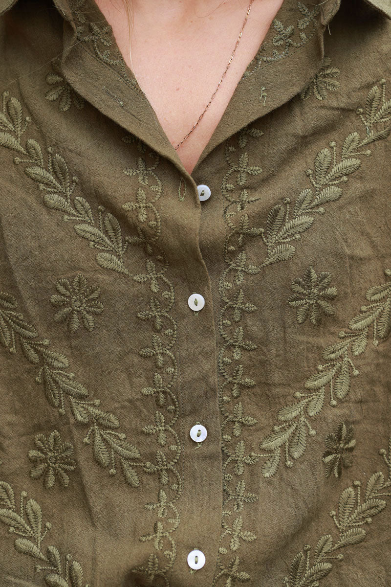 Khaki Regal Embroidery Button-Down Gauze Blouse