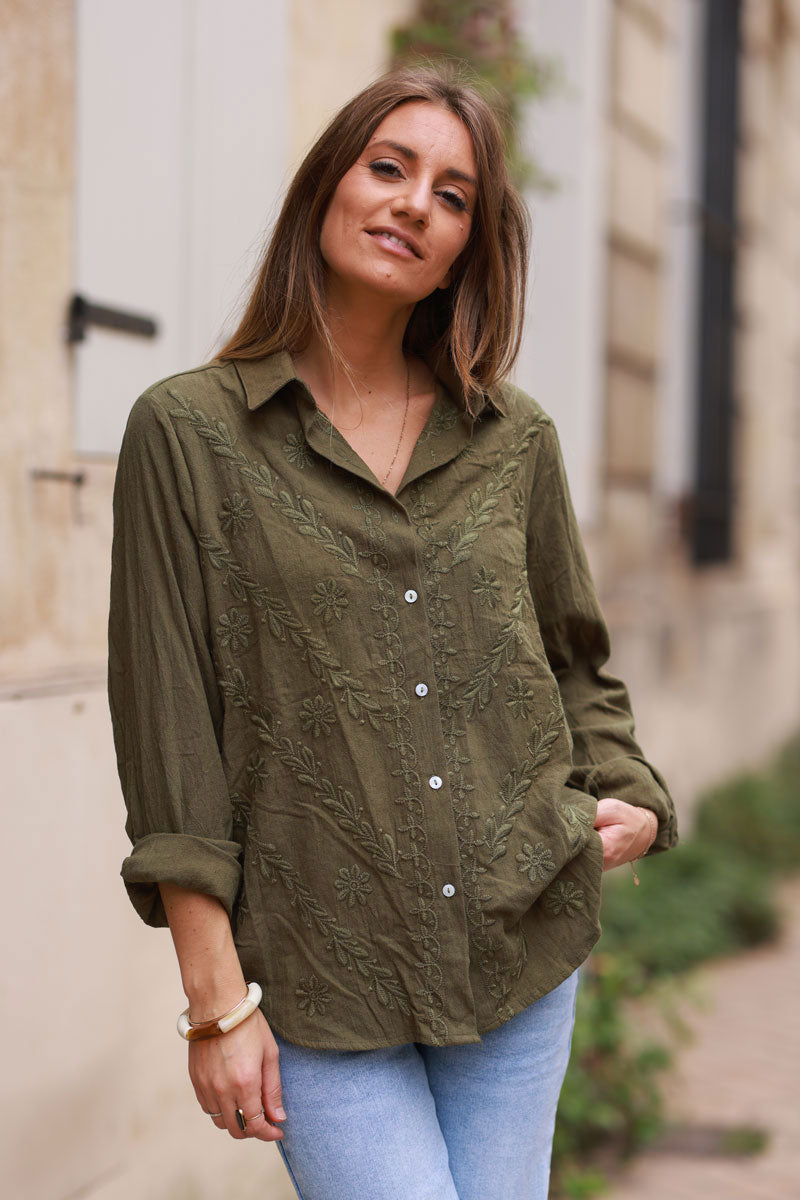 Khaki Regal Embroidery Button-Down Gauze Blouse