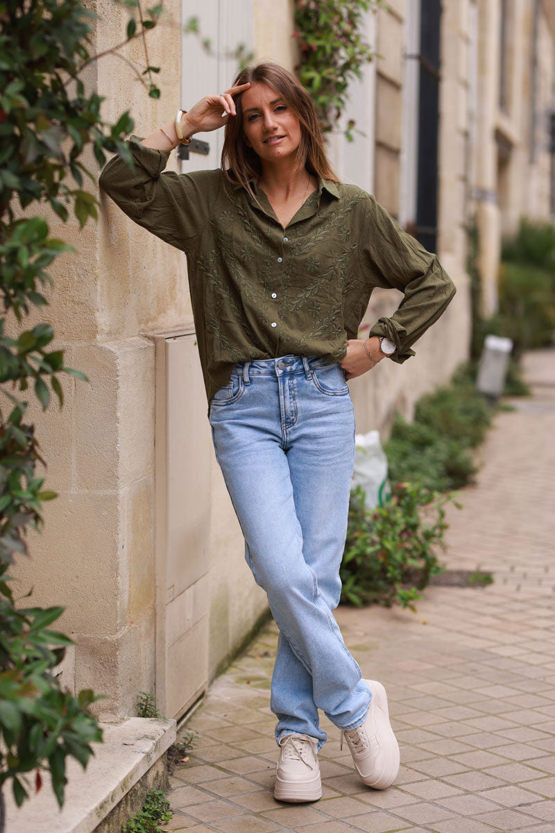 Khaki Regal Embroidery Button-Down Gauze Blouse