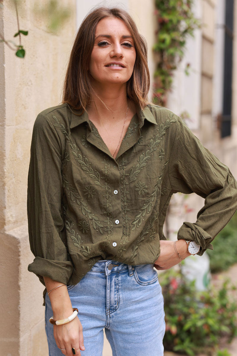 Khaki Regal Embroidery Button-Down Gauze Blouse