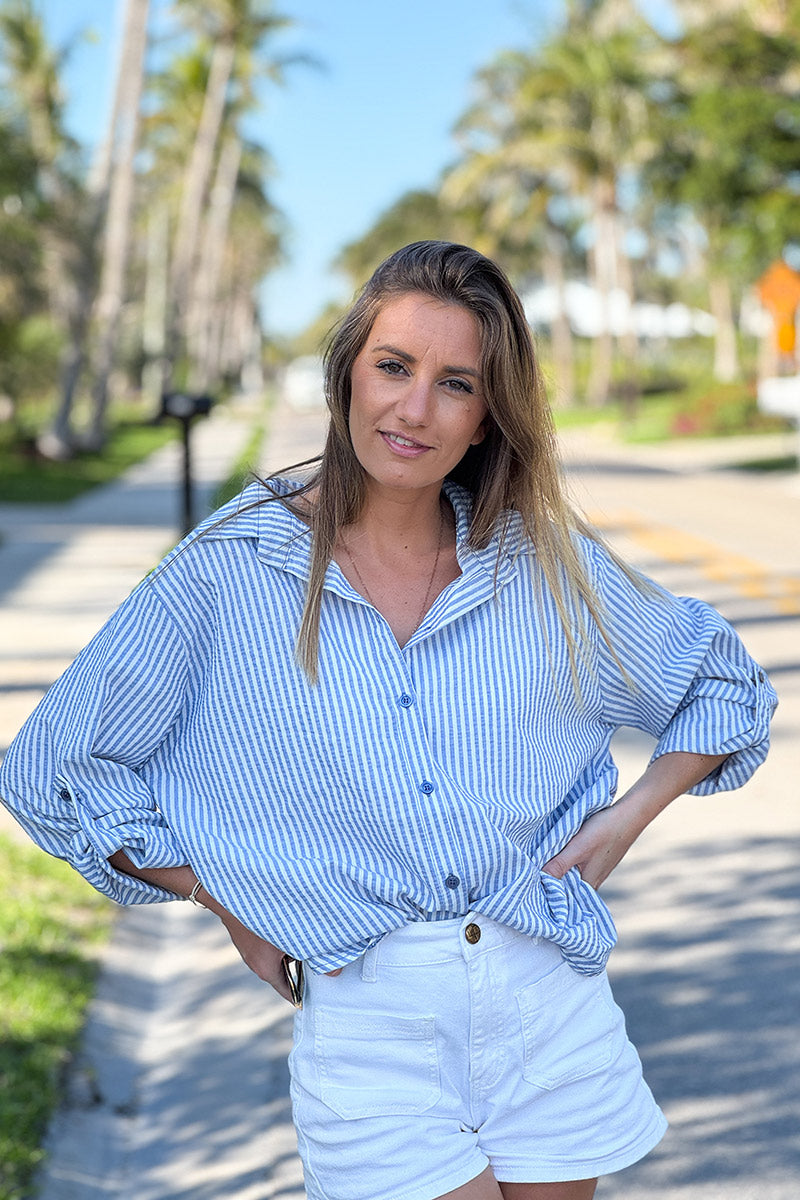 Chemise en coton léger effet gaufré à rayures verticales bleu ciel