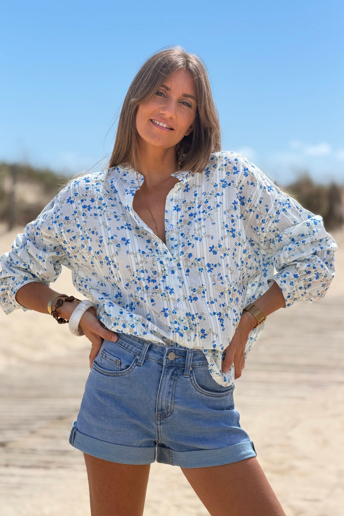 Blue Floral Tapestry Stripe Blouse