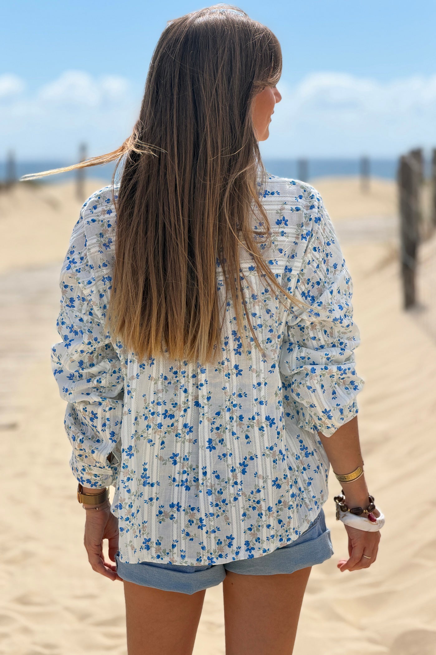 Blue Floral Tapestry Stripe Blouse