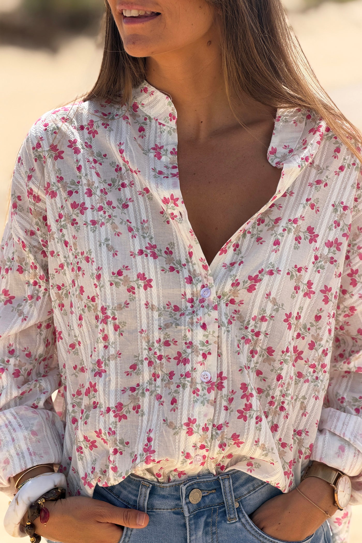 Pink Floral Tapestry Stripe Blouse