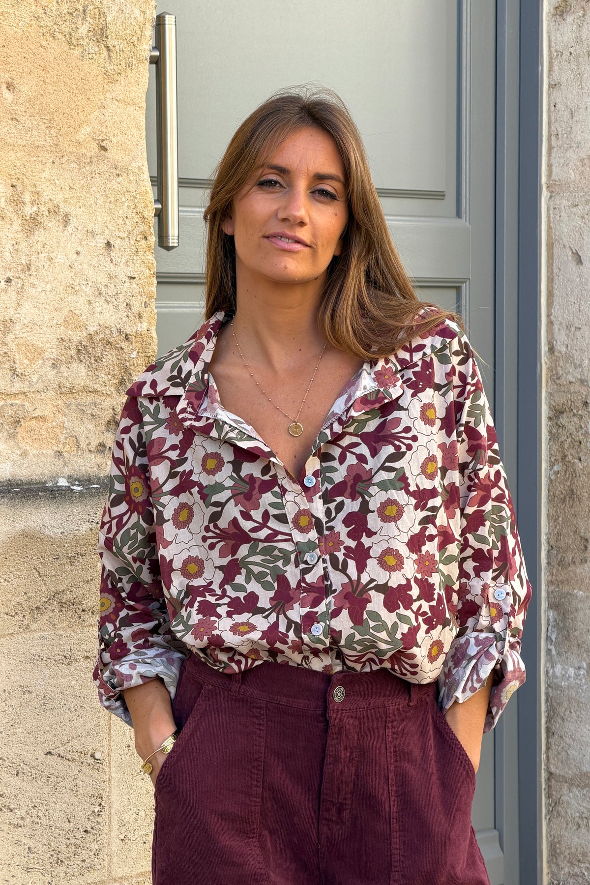 Merlot Aubergine Floral Anemone Button-Down Blouse