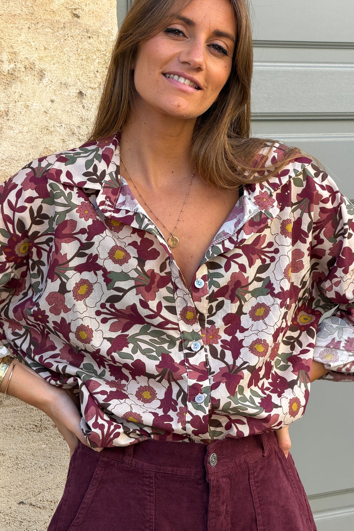 Merlot Aubergine Floral Anemone Button-Down Blouse