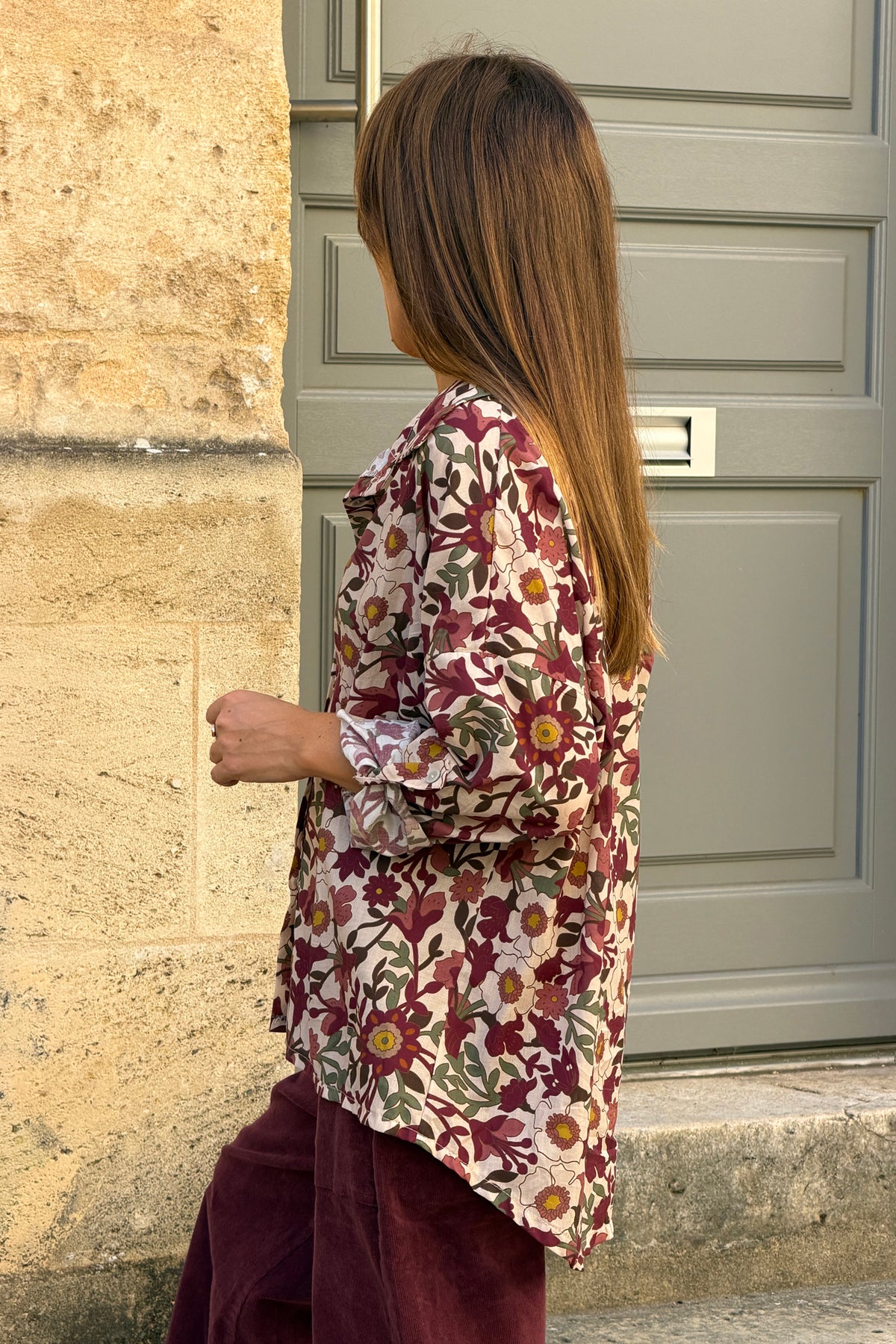Merlot Aubergine Floral Anemone Button-Down Blouse