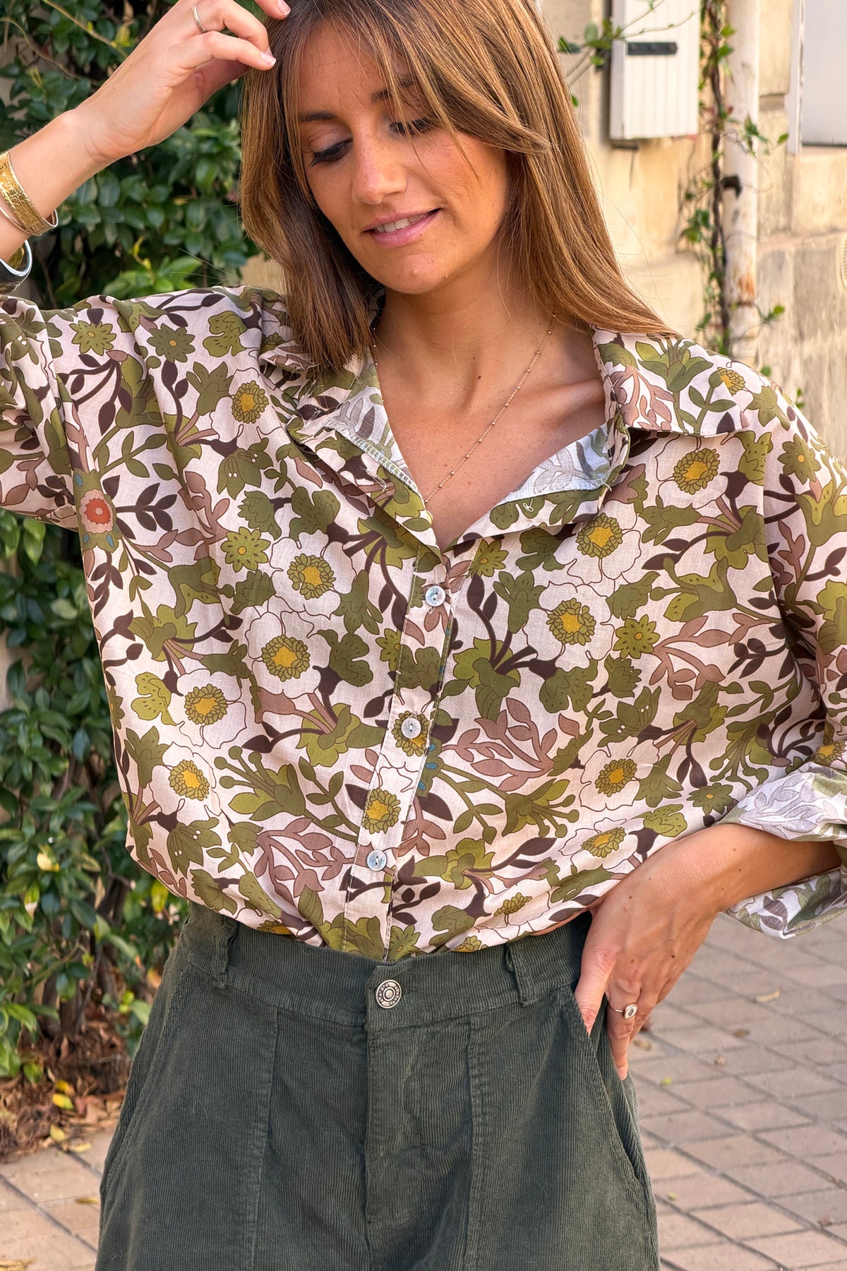 Olive Floral Anemone Button-Down Blouse
