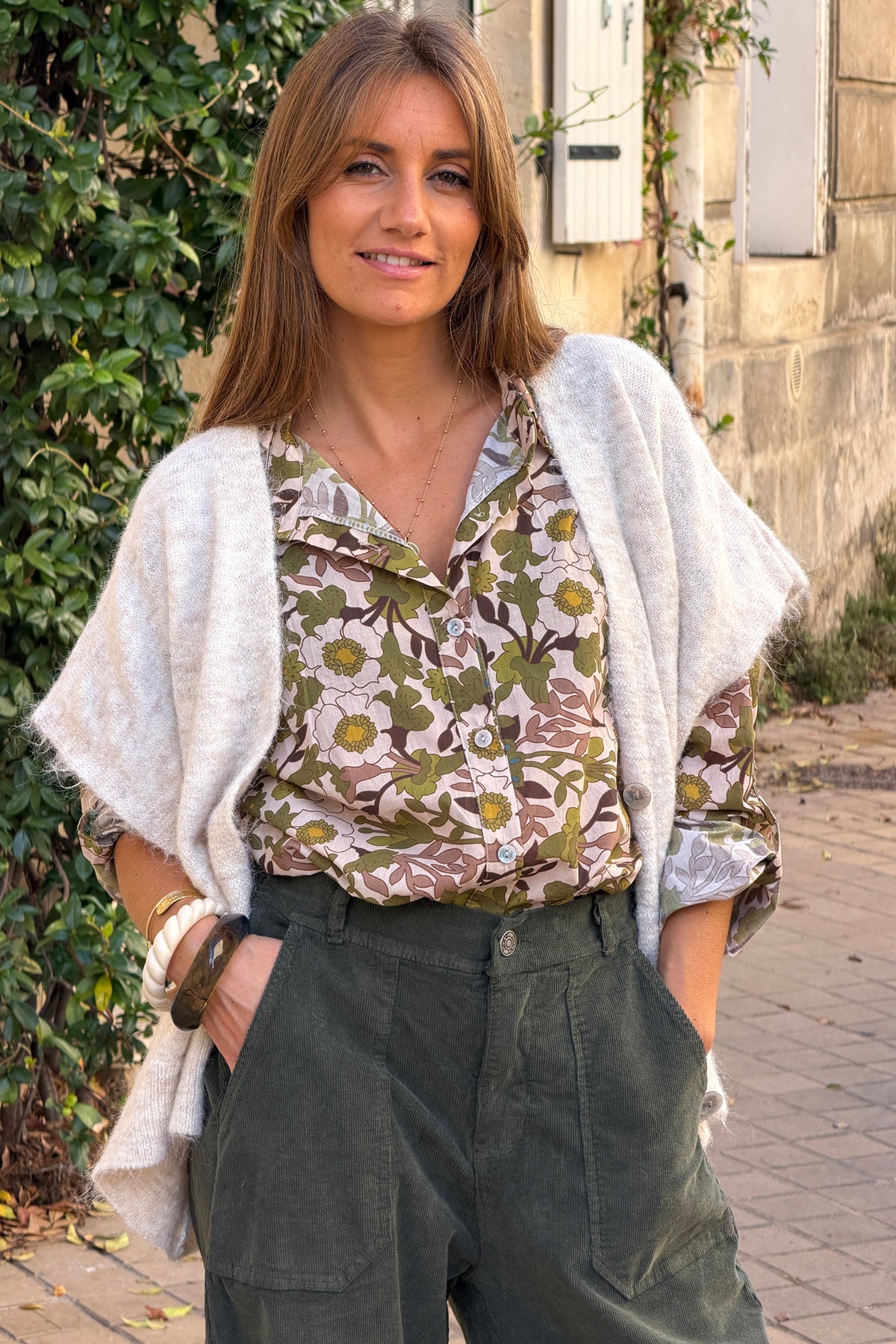 Olive Floral Anemone Button-Down Blouse