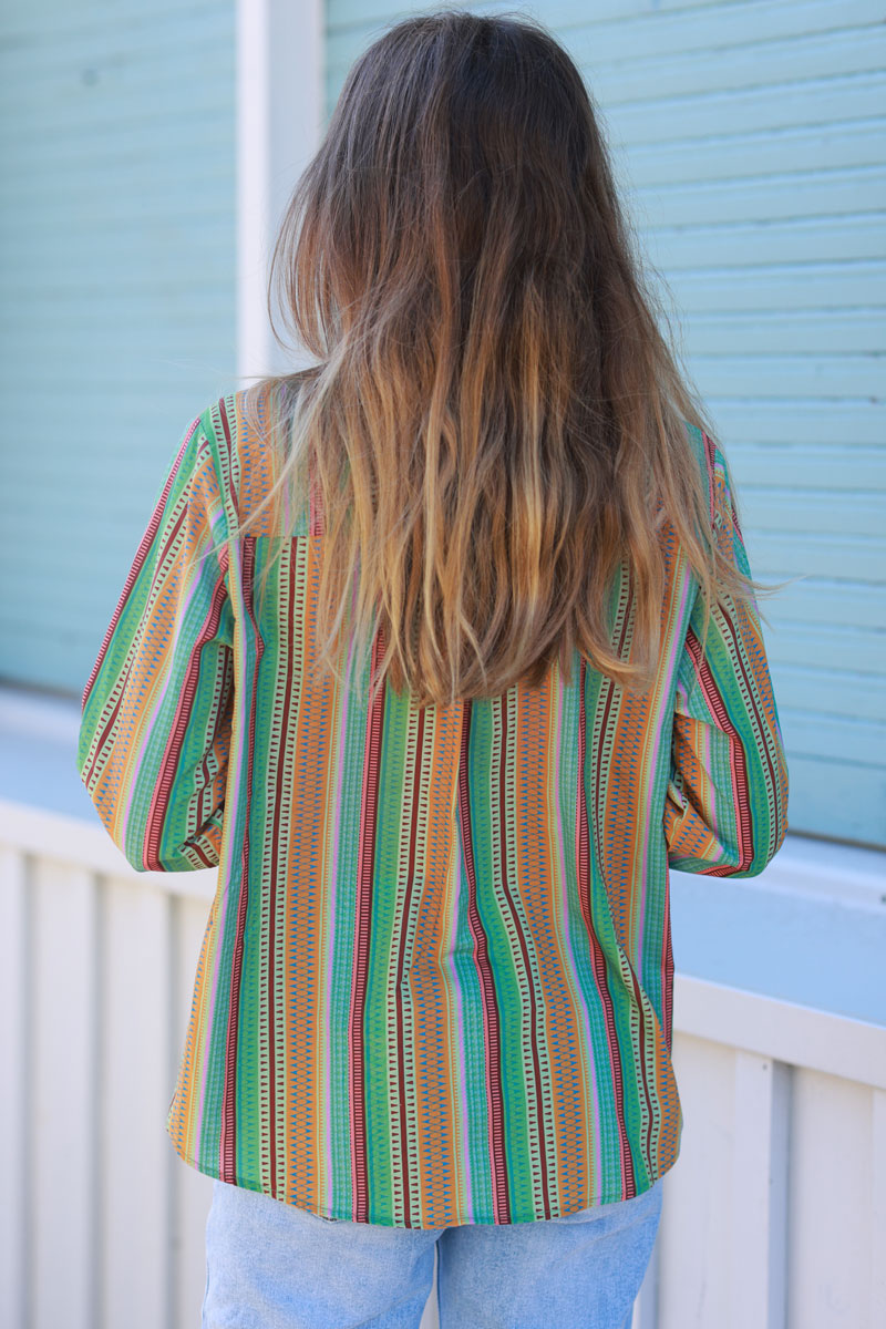 Chemise en coton vert imprimé rayures verticales style ethnique