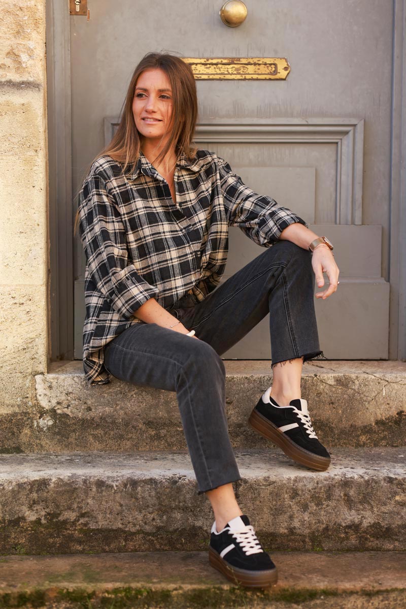 Beige and Black Plaid Button-Down Shirt