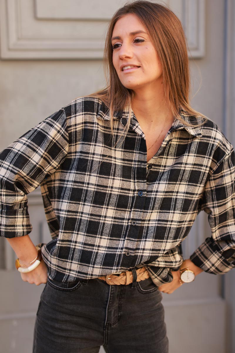 Beige and Black Plaid Button-Down Shirt