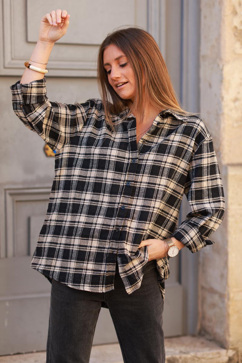 Beige and Black Plaid Button-Down Shirt