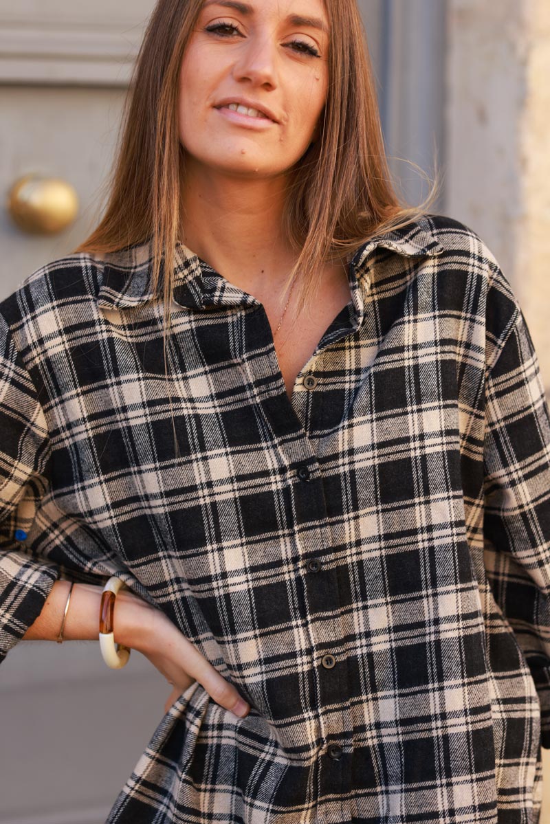 Beige and Black Plaid Button-Down Shirt