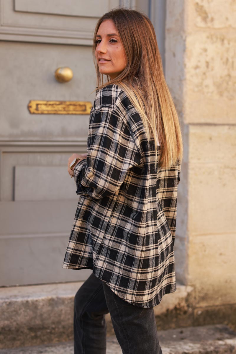 Beige and Black Plaid Button-Down Shirt