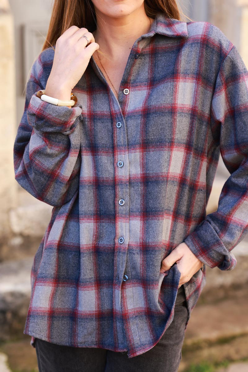 Grey and Red Plaid Button-Down Shirt