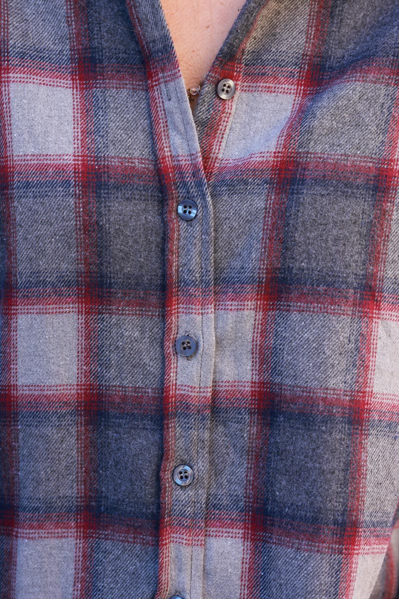 Grey and Red Plaid Button-Down Shirt