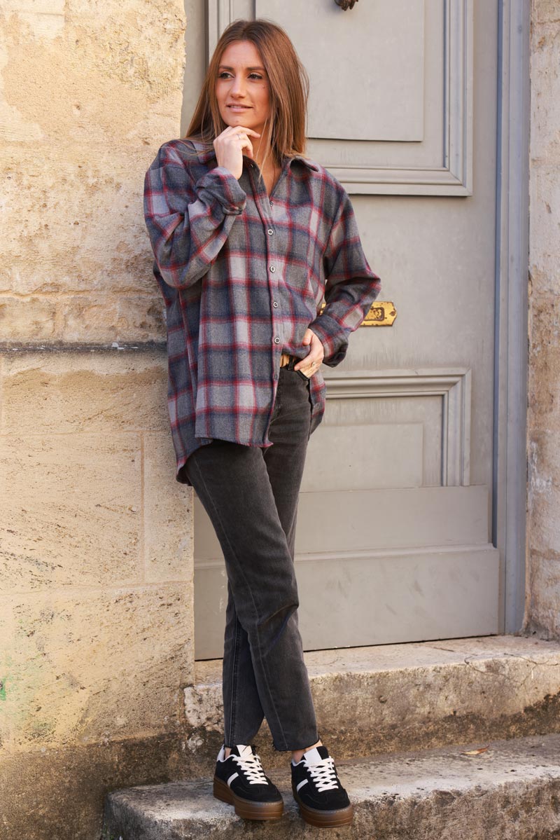 Grey and Red Plaid Button-Down Shirt