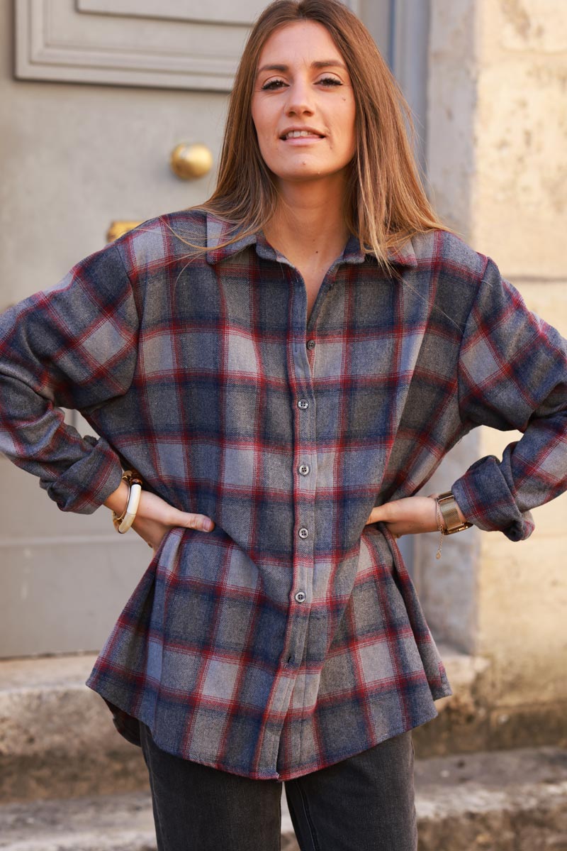 Grey and Red Plaid Button-Down Shirt